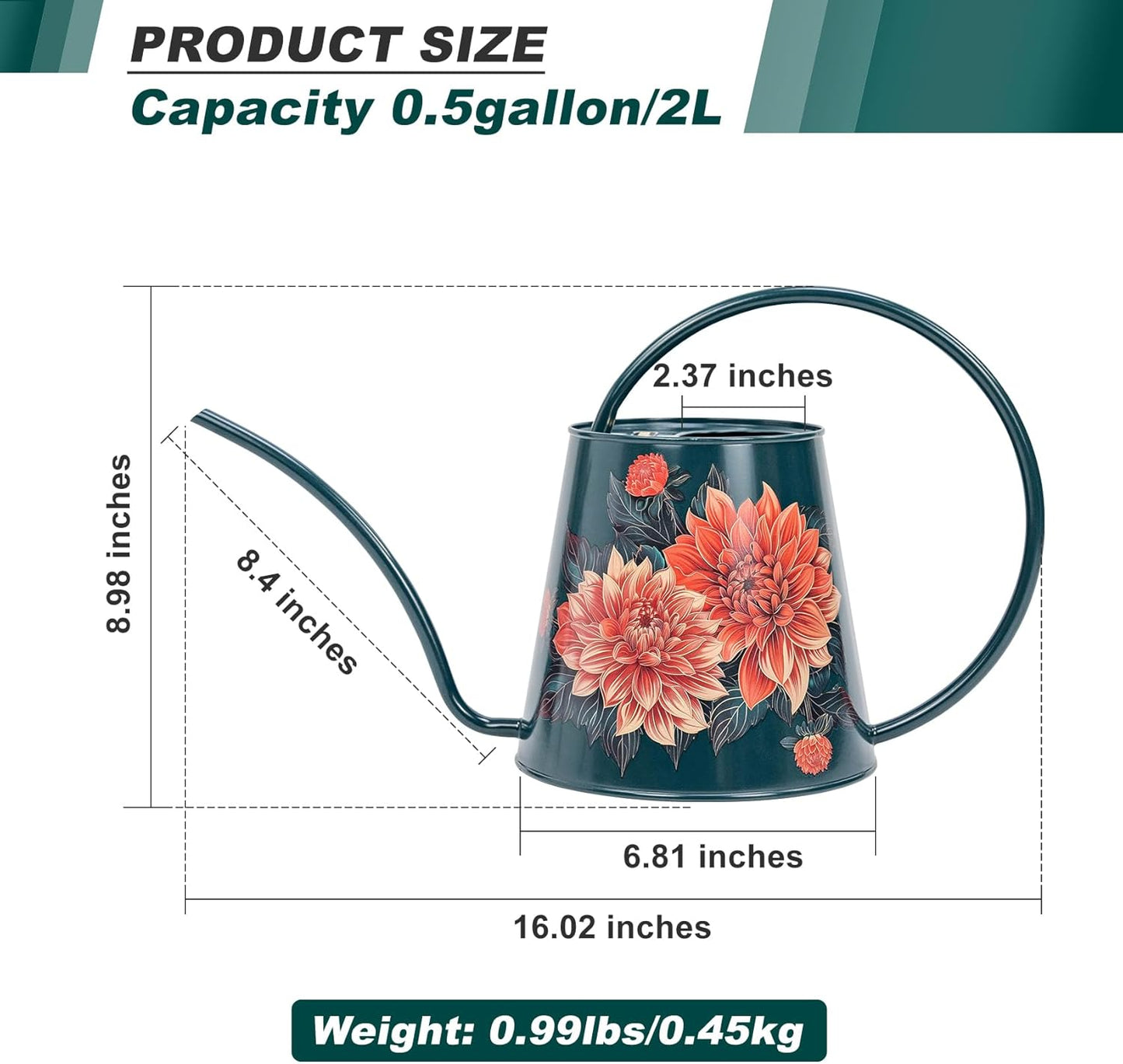 Berry&Bird House Plants Watering Can - Indoor & Outdoor 1/2 Gallon Stainless Steel Water Can with Long Spout Garden Decoration for Flower Bonsai Succulent Gardening Large Watwer Bottle(2L/68oz,Dahlia)