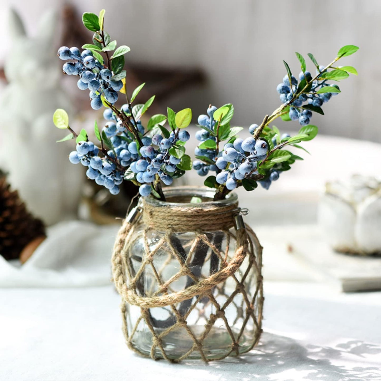 Rustic Hanging Mason Nautical Jar Creative Rope Net Dry Flower Glass Vase with Handle 6.5 Inch