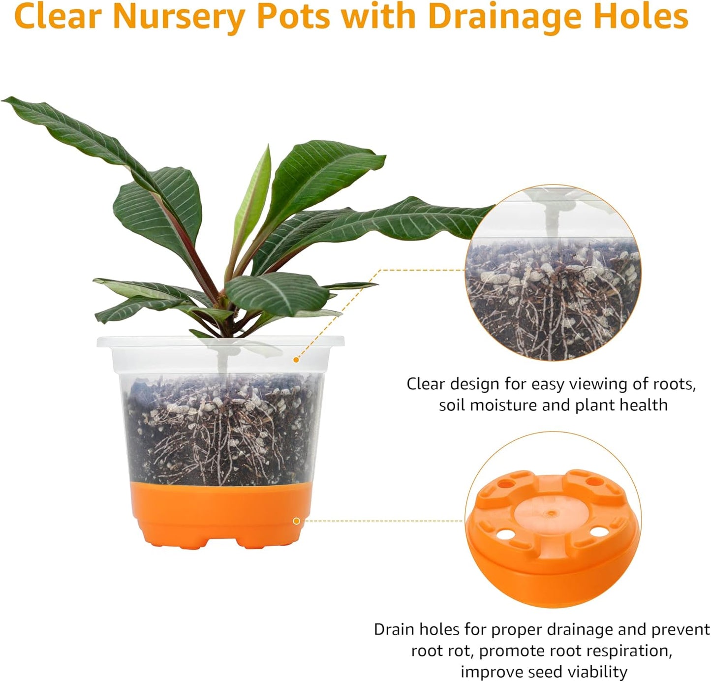 MIXC 30 Packs 4" Reinforced Clear Nursery Pots with Silicone Base for Easy Transplant, Transparent Plastic Plant Pot Reusable Seedling Pots Seed Starter Pots Flower Pot, Orange