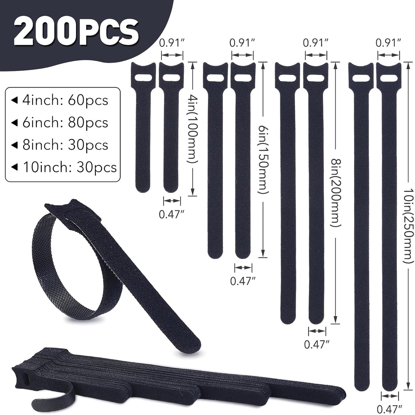 200PCS Reusable Cable Ties Wire Ties Cord Organizer Cable Organizer Adjustable Cable Management Black 4+6+8+10 inch