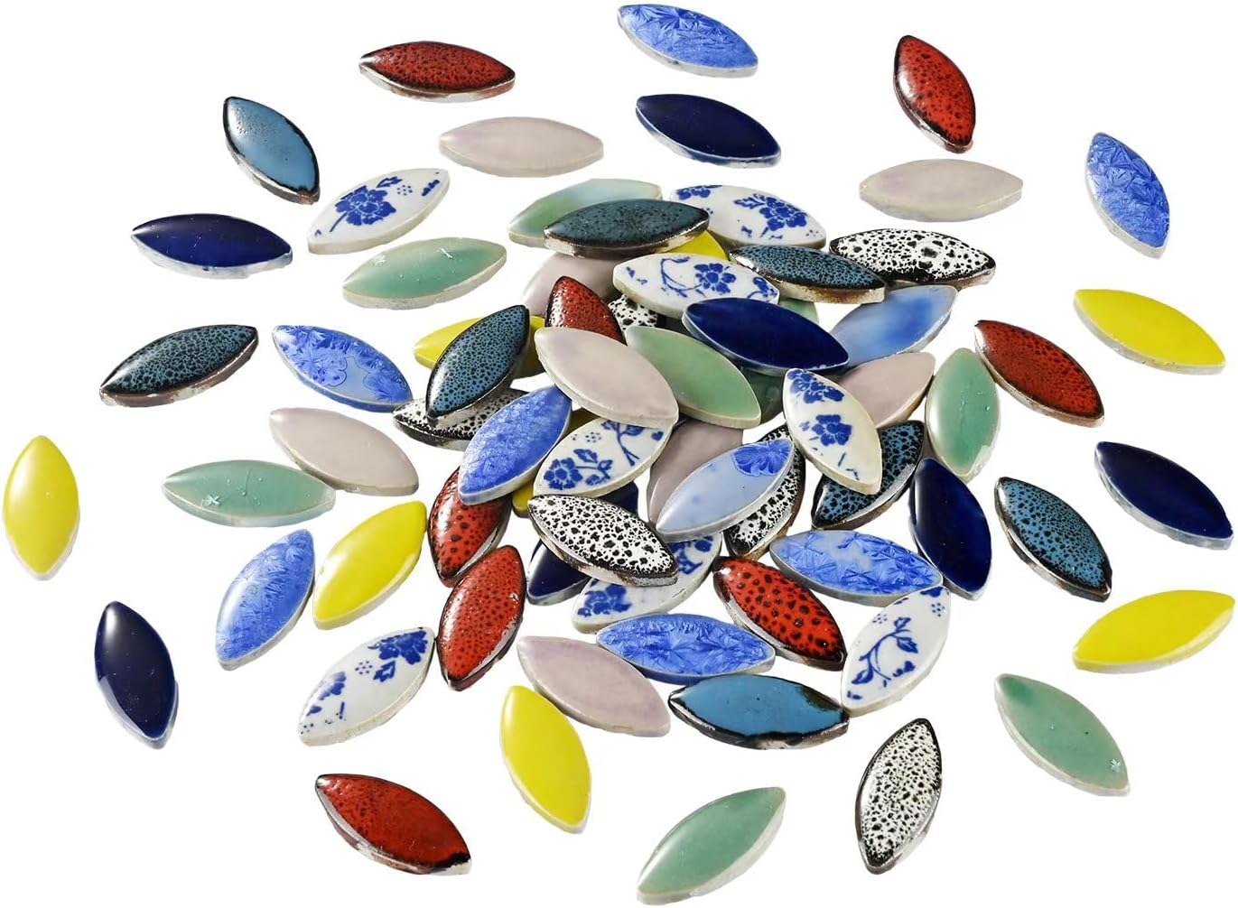 70 Pcs Petal Ceramic Mosaic Tiles, Green, Polished Edge, Cottage Style, Floral Pattern, Glue Down Installation, Suitable for Crafts and Home Decorations