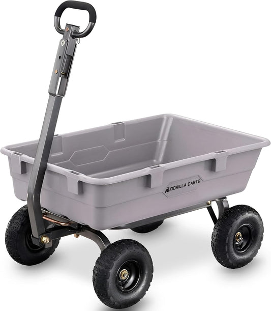 Gorilla Carts Heavy-Duty Poly Dump Cart, 5 Cu Ft Tub, 800 lb Haul Capacity, Gray – Towable Utility Wagon with Quick-Release Dumping & Pneumatic Tires for Yard, Landscaping and Gardening