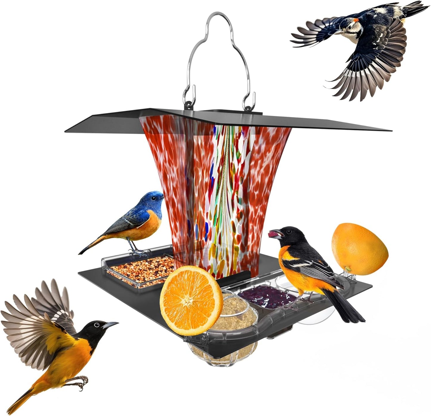 LUJII 6-in-1 Solar Bird Feeder with RGB String Lights, Hand Blown Glass, 2 Removable Trays for Bird Seed, Suet Ball, Mealworm, Oriole Orange Fruit, Jelly or Water, Red