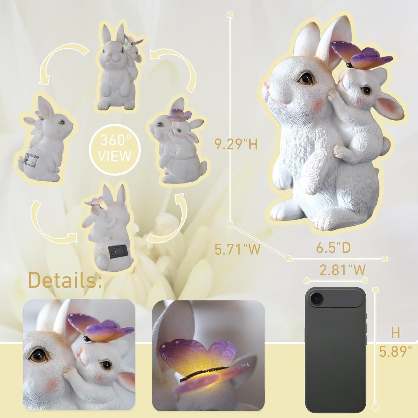 Solar Garden Statues Rabbit with Solar Lights,Mother&Baby Bunny Figurine with Butterfly Changing Lights for Yard Art Garden&Patio Decor,Unique Easter&Birthday Gifts for Women Mom Grandma