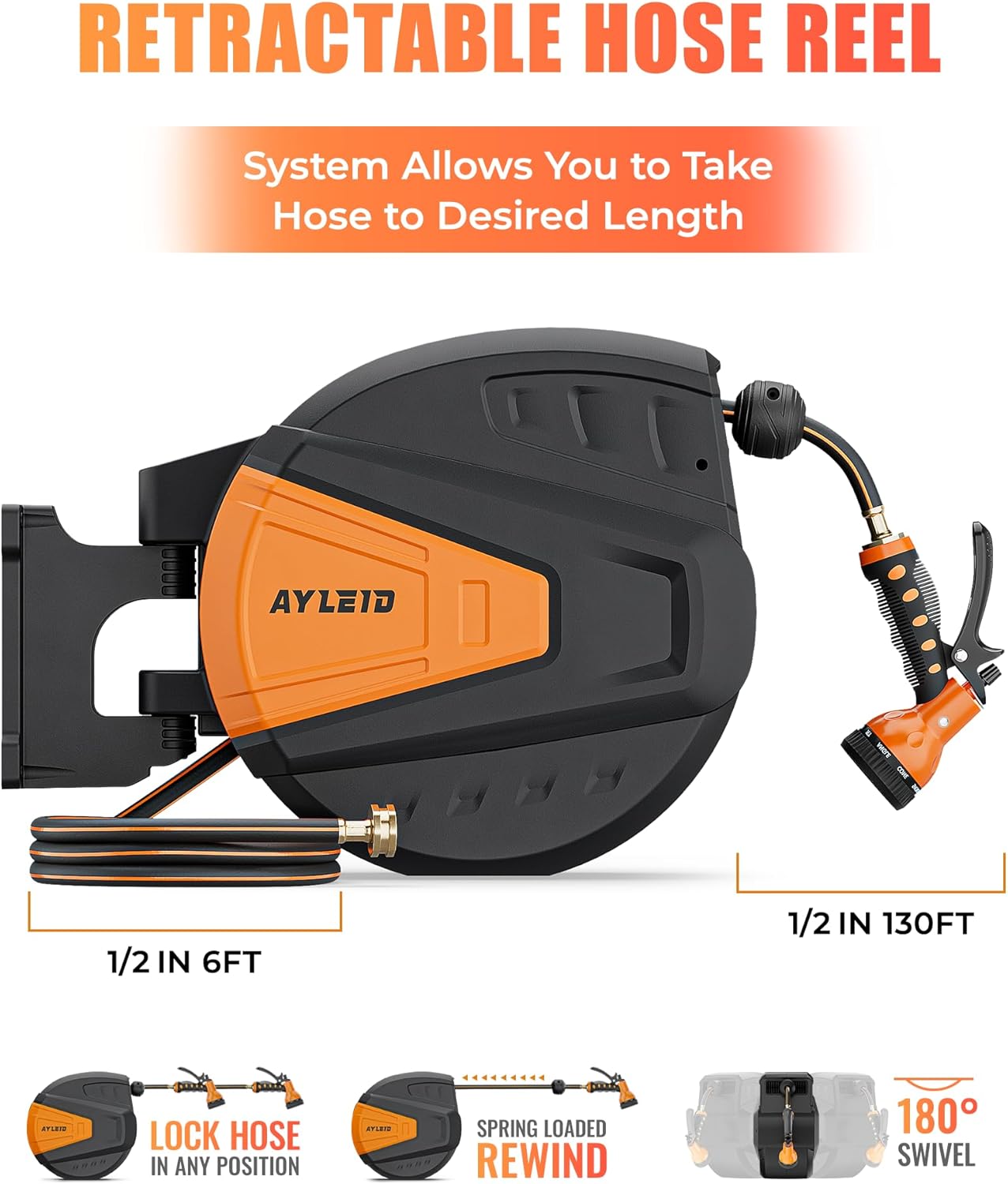 Ayleid Retractable Garden Hose Reel,1/2 in x 130 ft Wall Mounted Hose Reel, with 9- Function Sprayer Nozzle, Any Length Lock/Slow Return System/Wall Mounted/180°Swivel Bracket (Black)