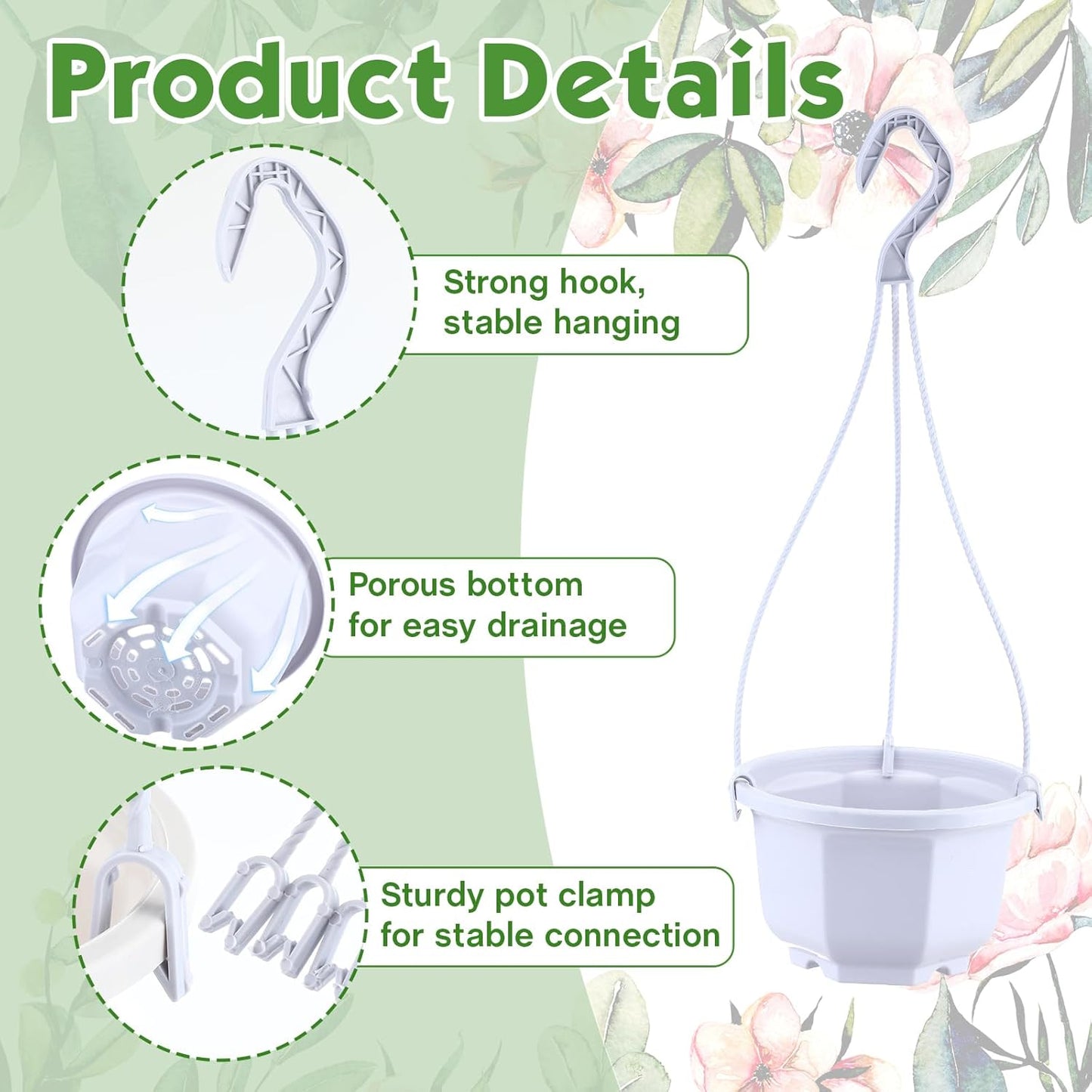 Roshtia 24 Pcs Hanging Plastic Planter Pot with Hook Flower Pots Baskets Hanging Nursery Planter Holder for Outdoor Indoor Plant Garden(Ceramic White,6 Inch)