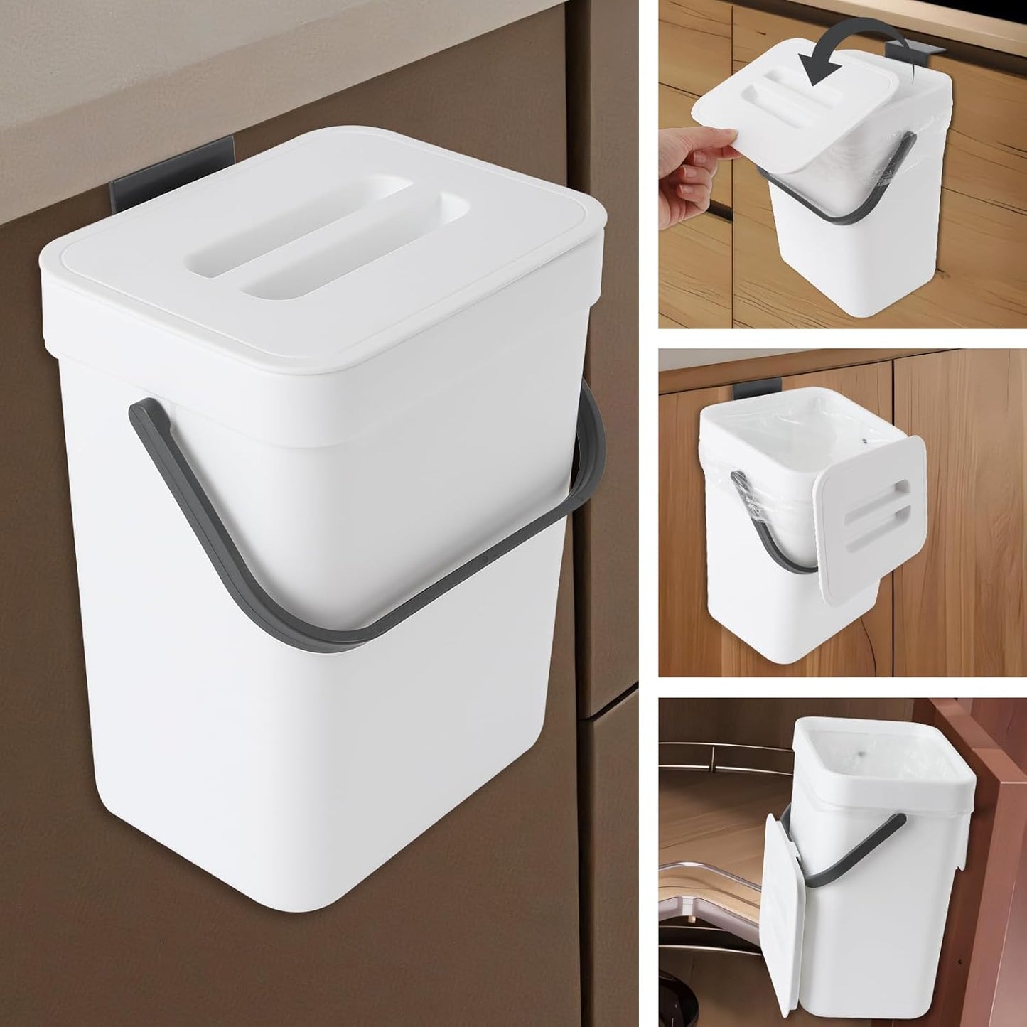 Compost Bin Kitchen, for use on Countertops or Under Sinks, Hanging Trash Can with Lid, for Cupboard/Bathroom/Bedroom/Office/Camping, Mountable Indoor Compost Bucket(White 1.3 Gallon/5L)