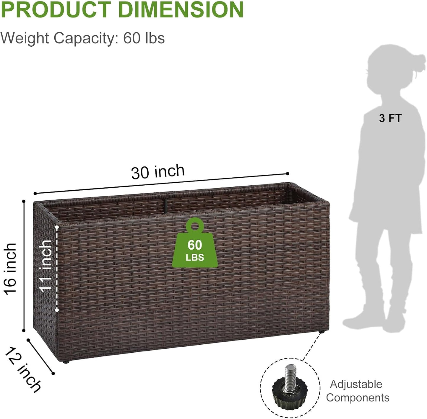 LEWIS&WAYNE Large Rectangular Block Planter Box Handmade Wicker Tall Planters for Outdoor Plants with Removable Liners Modern Planter for Indoor Outdoor Patio Deck - Brown, 30''x12''x16''