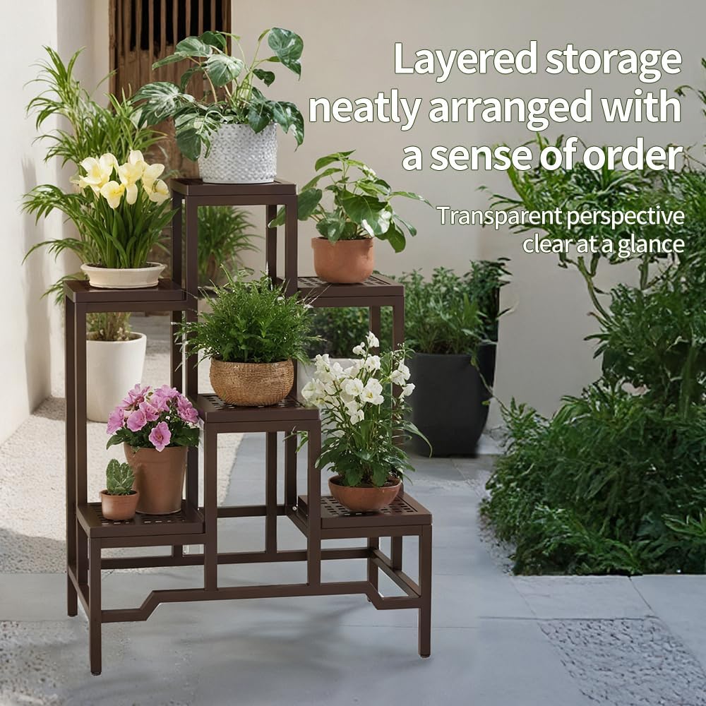 Plant Stand - Aluminum Indoor/Outdoor Flower Rack, Waterproof & Rust-Proof, Stable Support for Pots, Perfect for Living Room, Balcony, Garden, and Office (Brown, 6 Tier)