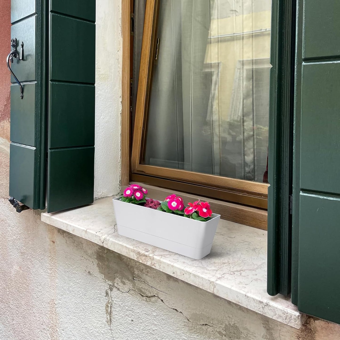 GREANER Herb Planter with Tray, 1 Pack 12x3.8 Inch Rectangle Window Box, Indoor Succulent Flowers Succulent Plastic Pot for Windowsill, Garden, Balcony, Office Outdoor Decoration - White