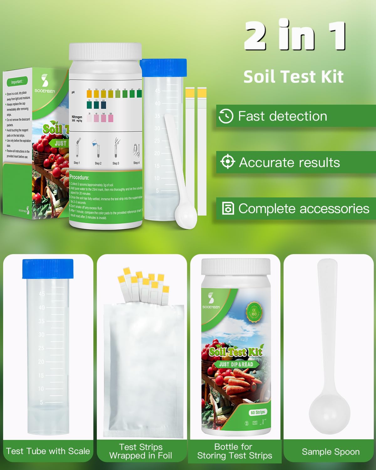 2-in-1 pH & Nitrogen Soil Test Kit, Home Soil Testing Kit for Lawns Gardening Grass Vegetables Nutrients, Soil pH Nitrogen Tester Strips Separately Sealed in Foils, Easy to Use, Rapid Results