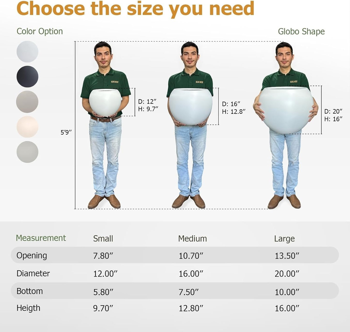 12.8" H x 16" D Globo Fiberstone Round Planter with Drainage Hole, Weather Resistant, Smooth Finish, Planters for Indoor Plants & Outdoor, 2 Extra Coco Mats (White, 10.7" Pot Opening)