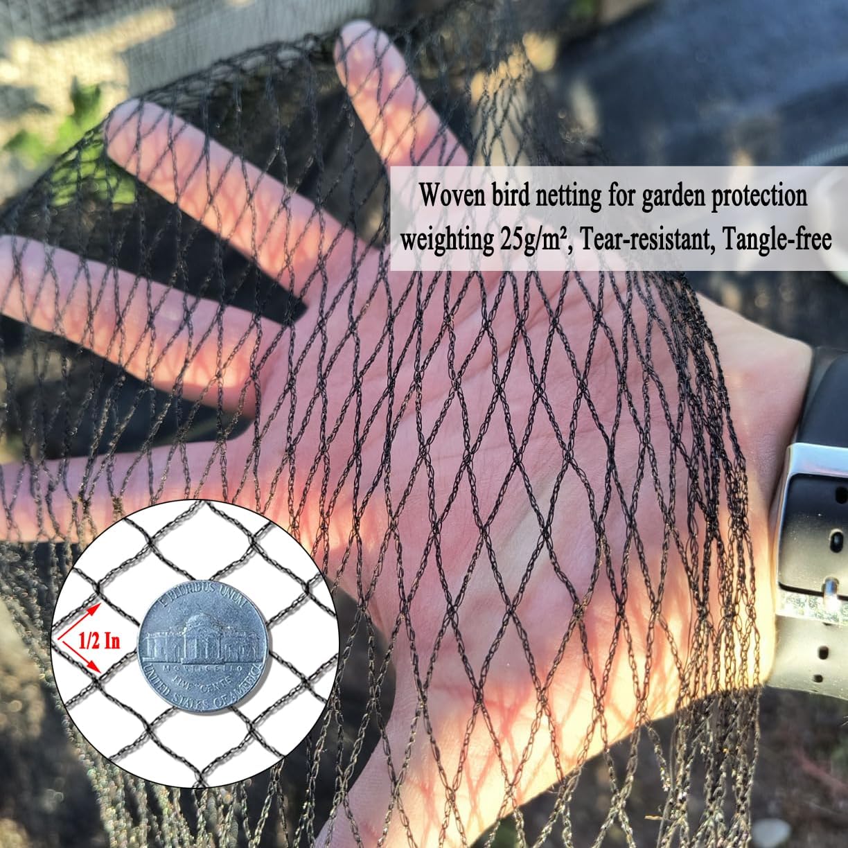 Junflying Bird Netting, 15x20 FT – 1/2" Mesh, Woven Black Netting for Garden Protection with Ties, Protects Vegetables, Fruit Trees, Blueberry Bushes & Strawberry Plants
