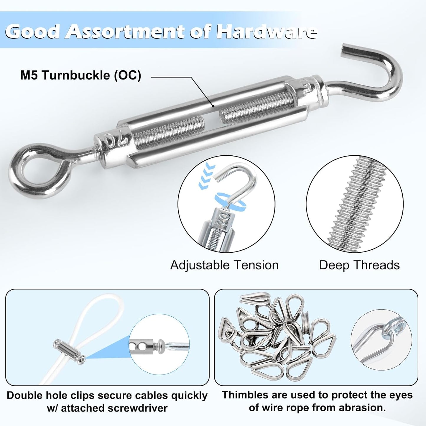 Turnbuckles for Cables Wire, 1/8" X 100Ft White PVC Coated Wire Rope Kit, Multi-use Steel Cable for Grape Vines/Clothes Line Outdoors for T Post/String Light Hanging/Garden Wire