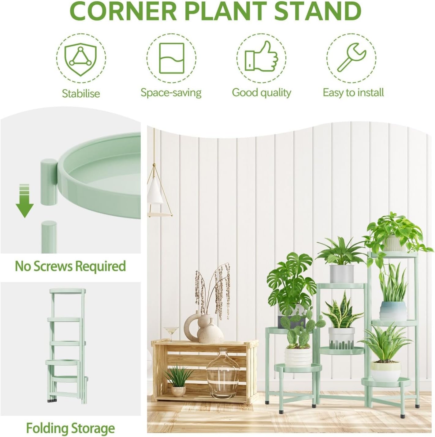 iDavosic.ly 7 Tier Large Plant Stand Indoor, 10 Inch Wide Tall Corner Metal Plant Stands Outdoor for Multiple Plants, Folding Tiered Flower Display Holder Rack Shelf, Light Green