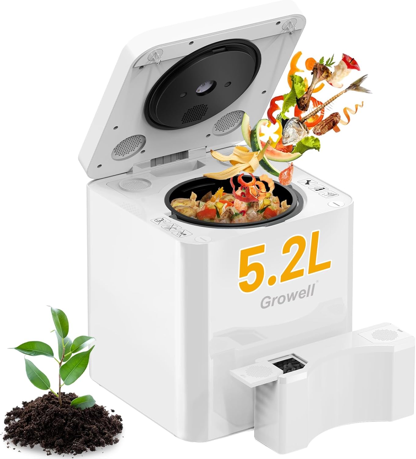 Electric Composter for Kitchen Indoor, 5.2L Large Countertop Compost Bin with 3-in-1 Drying/Grinding/Composting, Odorless Food Waste Compost Machine with Auto-Clean & Smart Sensor LED Display, EC03