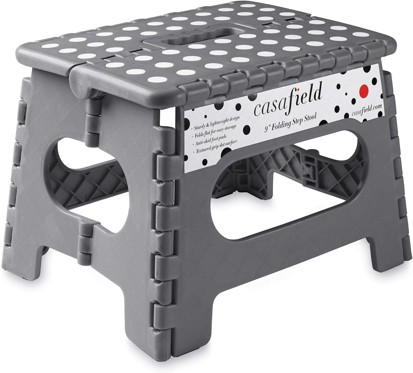 Casafield 9" Folding Step Stool with Handle, Gray - Portable Collapsible Small Plastic Foot Stool for Kids and Adults - Use in The Kitchen, Bathroom and Bedroom