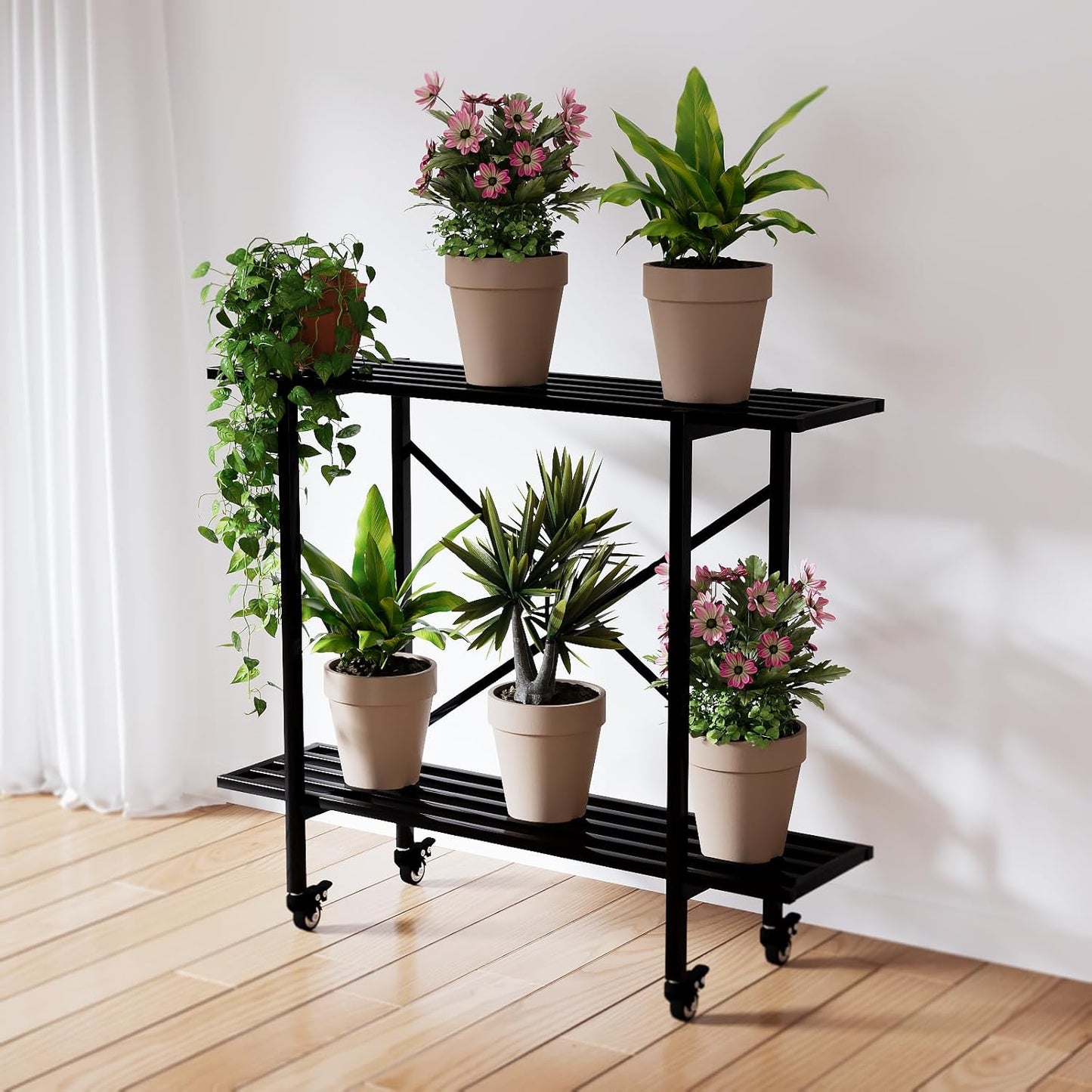 Zhongma 2 Tier Metal Sturdy Narrow Plant Stand with Wheels, Plant Stand Indoor and Outdoor, L35.43 x W10.3 x H29.9 inch, 440 LBS Capacity & Heavy Duty Construction.