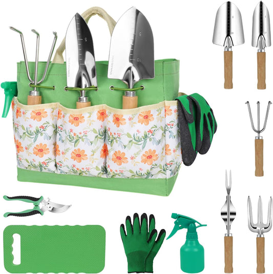 LeMotech Gardening Tools, 10-Piece Heavy Duty Garden Hand Tools Set with Wooden Handle, Durable Fashion Organizer Bag for Garden Supplies, Gardening Gifts for Women Grandmother, Yellow Floral Pattern