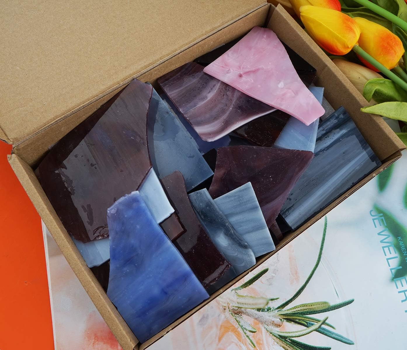 Lanyani Stained Glass Scrap Pieces Sheets, Glass Mosaic Tiles for Crafts, 35oz Value Pack,Assorted Colors and Textures