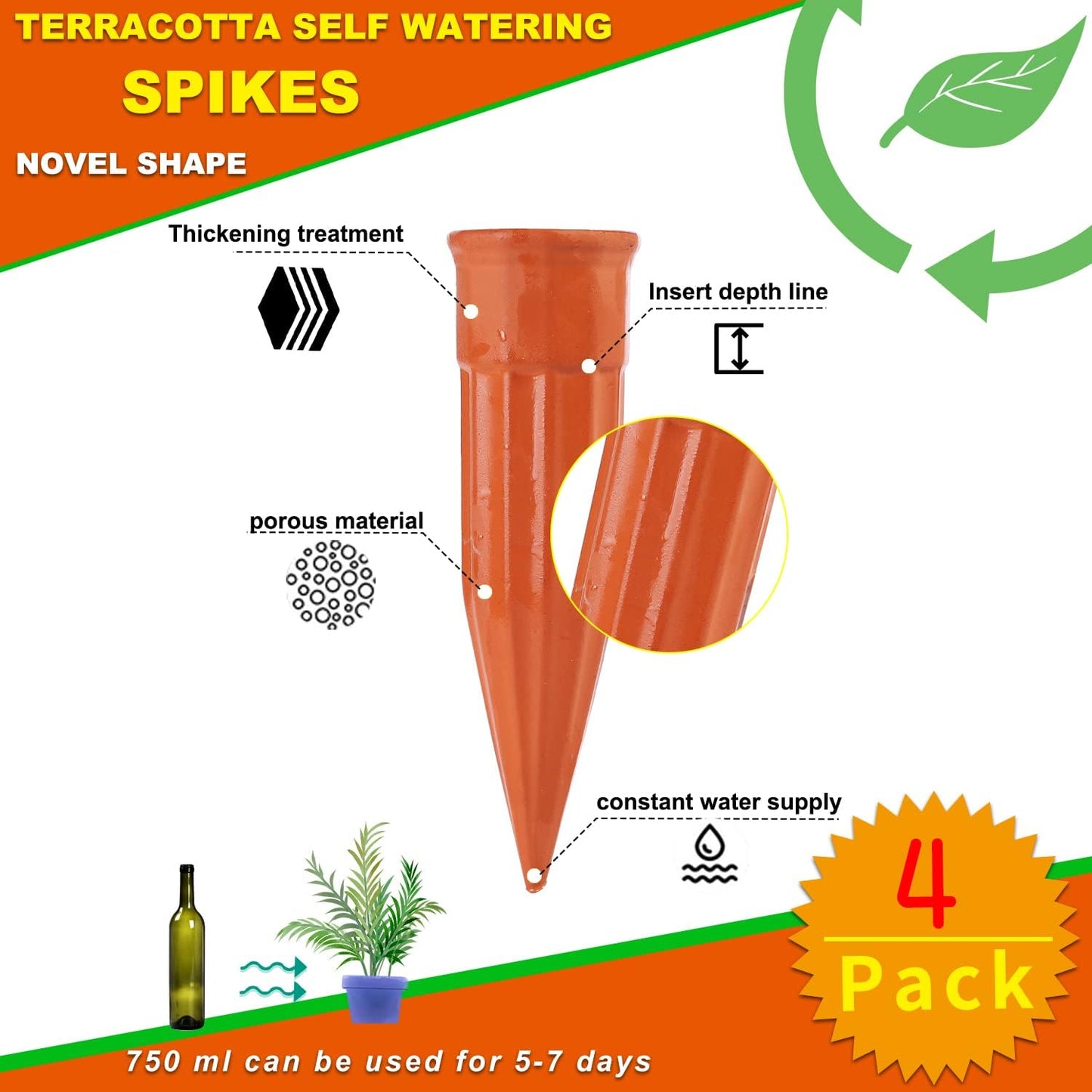 Self Watering Spikes -4 Pack Terracotta Plant Watering Stakes Devices Vacation Self-Watering Stakes for Indoor/Outdoor Plants
