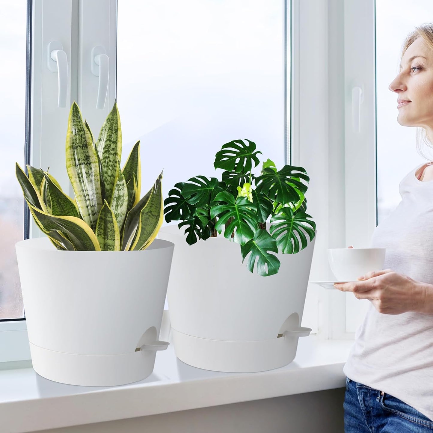 12 Inches Indoor Self Watering Planters with Drainage Holes and Saucers, 4 Pack (White)