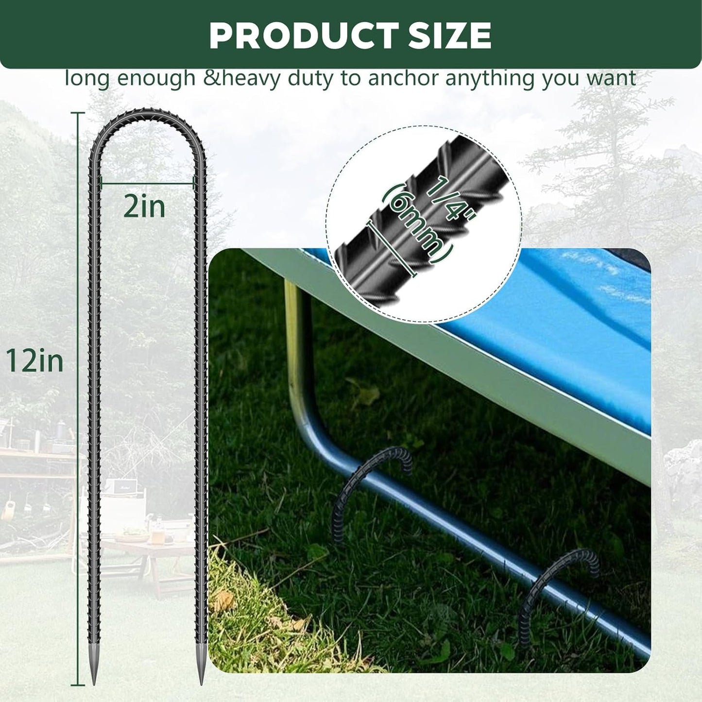 10 Pieces Trampoline Stakes Anchors High Wind Heavy Duty,U Shaped Garden Hooks Stakes for Ground,Trampoline Tie Downs Anchor Kit,Bounce Horseshoe House Stake,Rebar Camping Tent Stakes,12 Inch Long