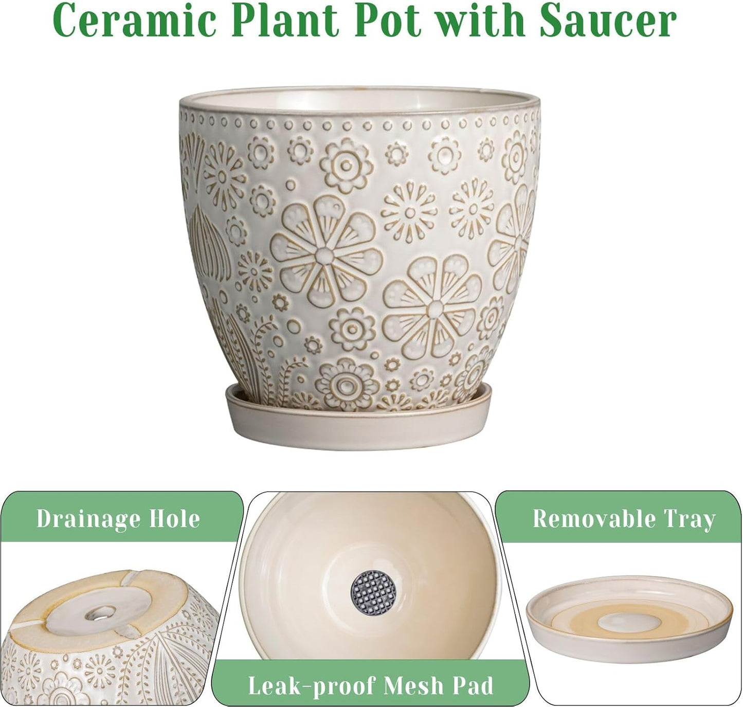 10 Inch Ceramic Planter Pot Large Plant Pot for Indoor Plants Outdoor Round Flower Pot with Drainage Hole and Saucer for Home Garden Decor White