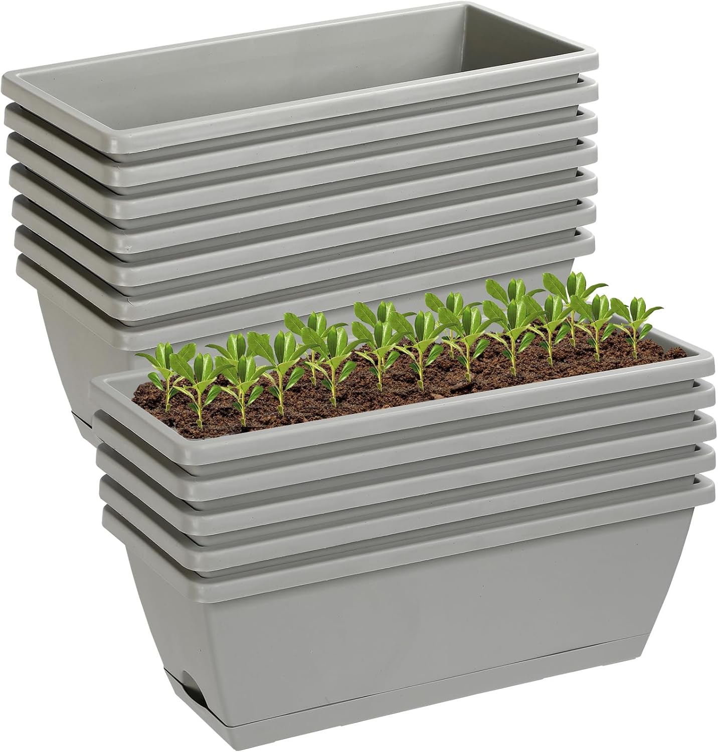 12Pcs 17Inches Rectangle Planter Box with Drainage Holes and Trays Plastic Planters Flower Boxes Pots for Indoor Outdoor Plants Patio Garden Home Decor Porch Yard (Gray)