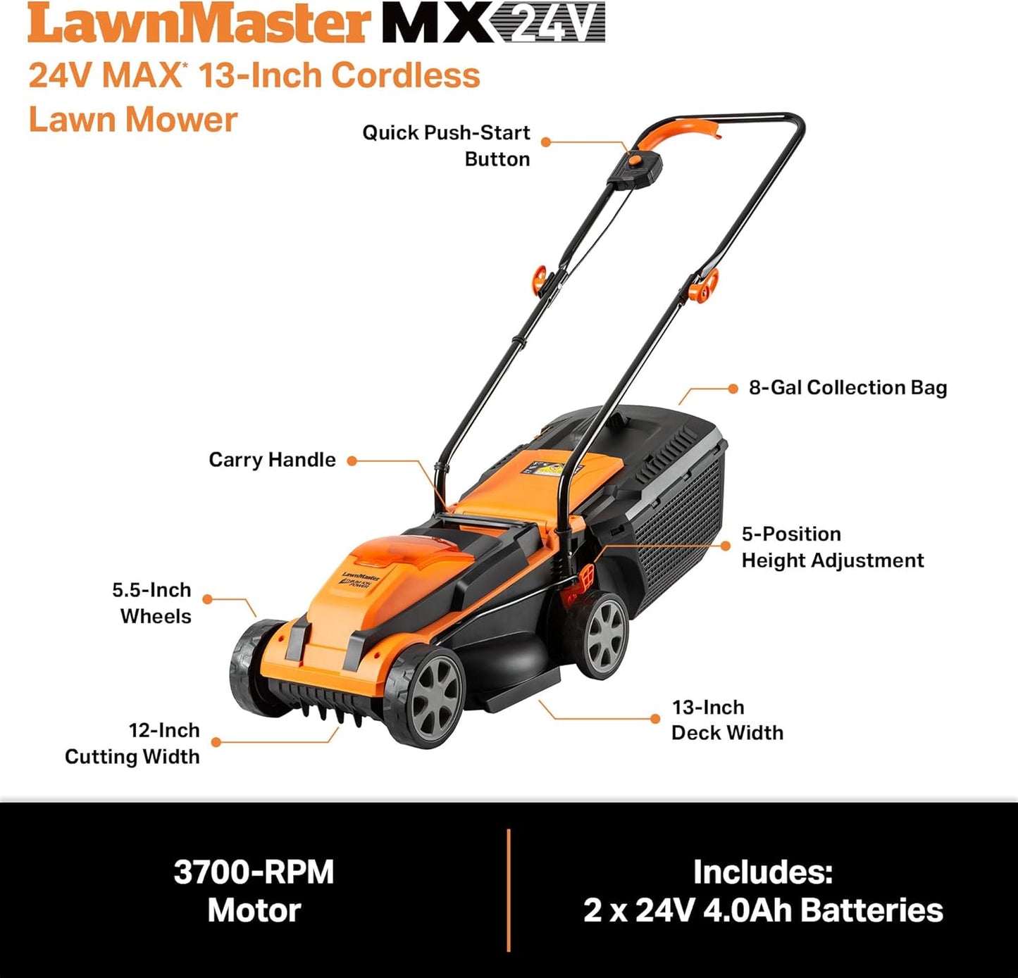 LawnMaster CLM2413A Cordless 13-Inch Lawn Mower 24V Max with 2X4.0Ah Battery and a Charger