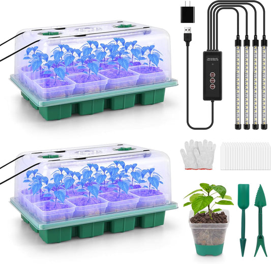 BlumWay Seed Starter Tray with Grow Light,24 Pack 2.9 inch Reuseable Clear Nursery Pots with Silicone Base/Humidity Dome for Deep-Rooted Seedlings,Adjustable Timed Light Plant Starter Set