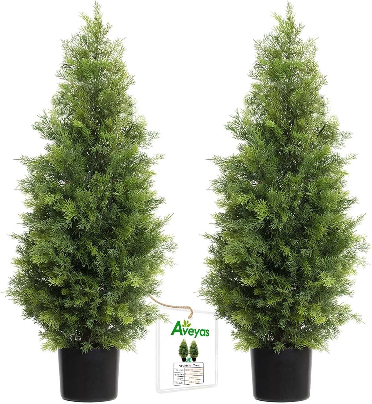 Aveyas 3ft Artificial Cedar Topiary Trees for Outdoor Front Porch Door, 3 Feet Faux Potted Plants Evergreen Fake Pine Cypress Tree for Outside Home Decor (3 ft Tall) - Set of 2 Pack