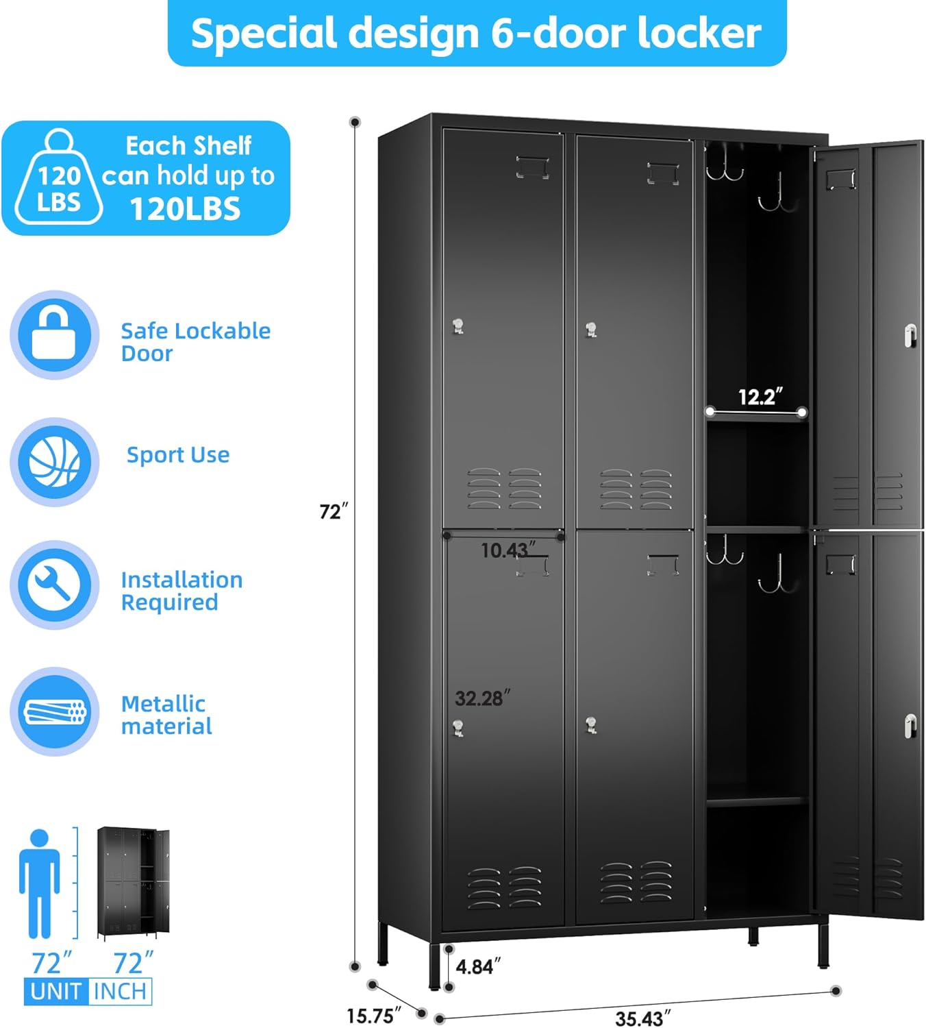 6 Doors Metal Locker for Employees with 18 Hooks and Business Card Holder,Metal Locker with Ventilation Holes for School Garage Office Gym Home,Assembly Required,Black
