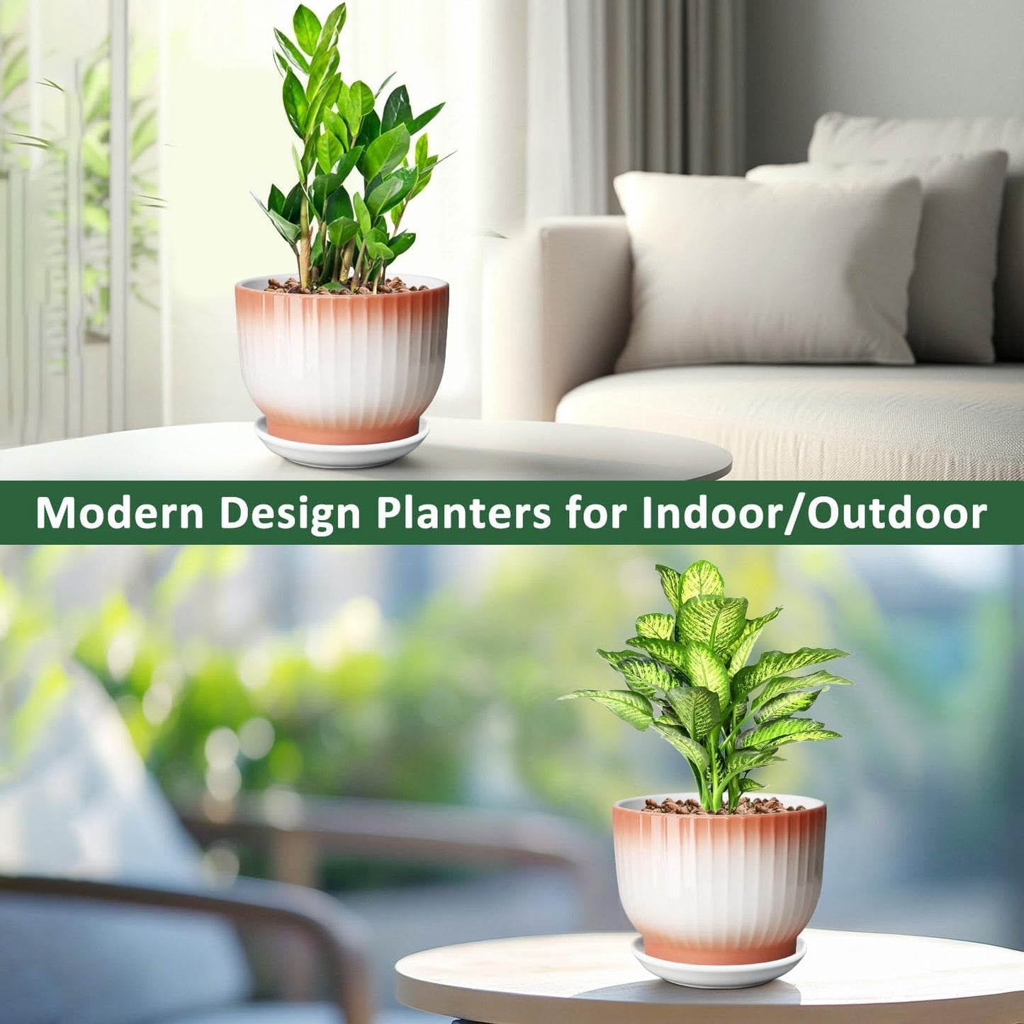 8 Inch Plant Pot, Ceramic Planter with Drainage and Saucer, Ceramic Pots for Plants, Indoor Plant pots,Ceramic Flower pots(Orange+ White, Plants NOT Included)