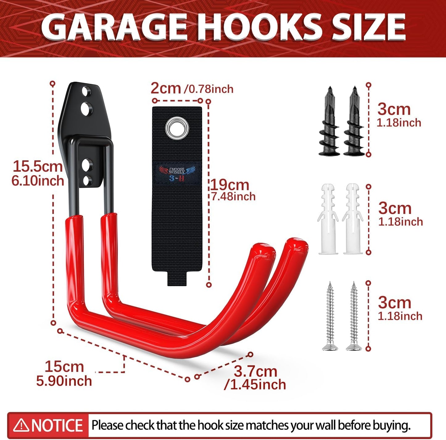 3-H Large Garden Hose Holder Wall Mount 4 Pack,Solid Steel Hose Hanger,Water Hose Holders for Outside,Perfect for Hanging Outdoor Air Hose,Ropes,Pipes,Garden Tools,Ladders,Bikes,Bulk Items(Red)