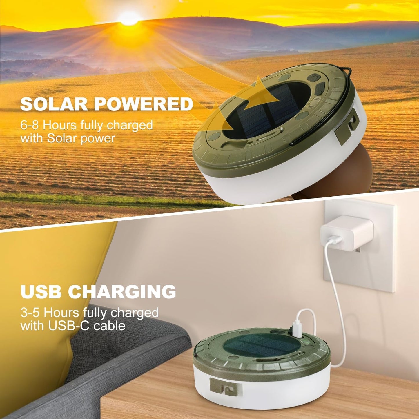 Solar Camping String Lights 1-Pack, 2 in 1 Rechargeable Camping Lights with 5 Modes, Waterproof Portable Magnetic LED Light with 3000mAh for Outdoor Hiking Garden Party Festival Decor, 32.8FT