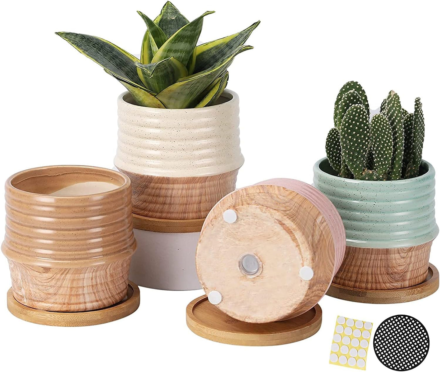 OMAYKEY 4 Inch Ceramic Plant Pot with Saucer, Water Transfer Printing Grain Planters Pots with Drainage Hole & Mesh Pads for Succulent, Indoor Flowers, Snake Plants, Cactus, Herbs, Set of 4