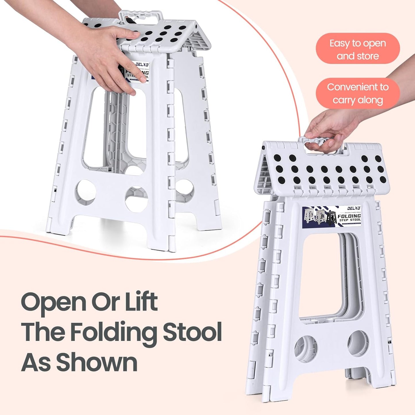 Delxo Folding Step Stool 17.5 Inch White Step Stools for Kids Foldable,Portable Collapsible Step Stool with Handle, Folding Stool for Kitchen Bathroom,Bedroom,Garden