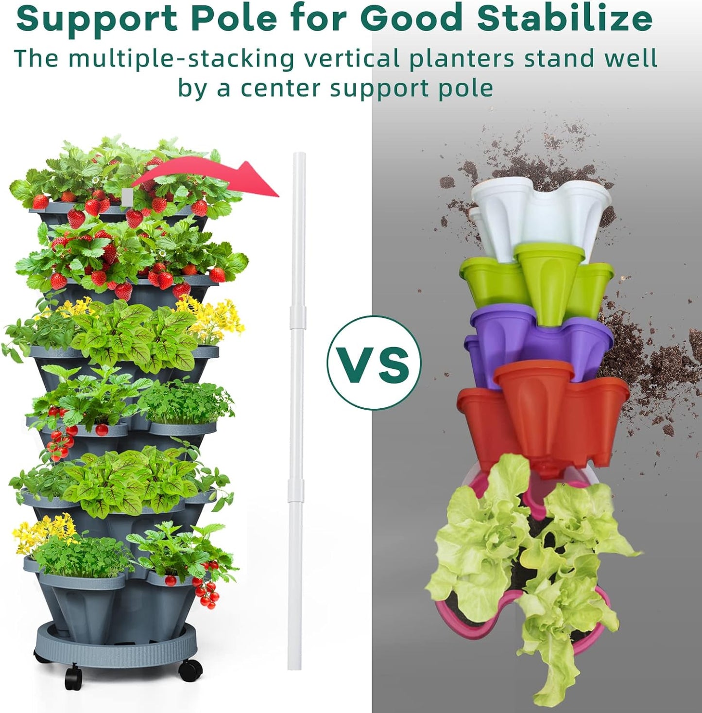 Strawberry Vertical Planters Tower Garden, 6 Tiered Stacking Planter with Support Pole, Stackable Herb Vegetable Planters Indoor and Outdoor - Dark Grey