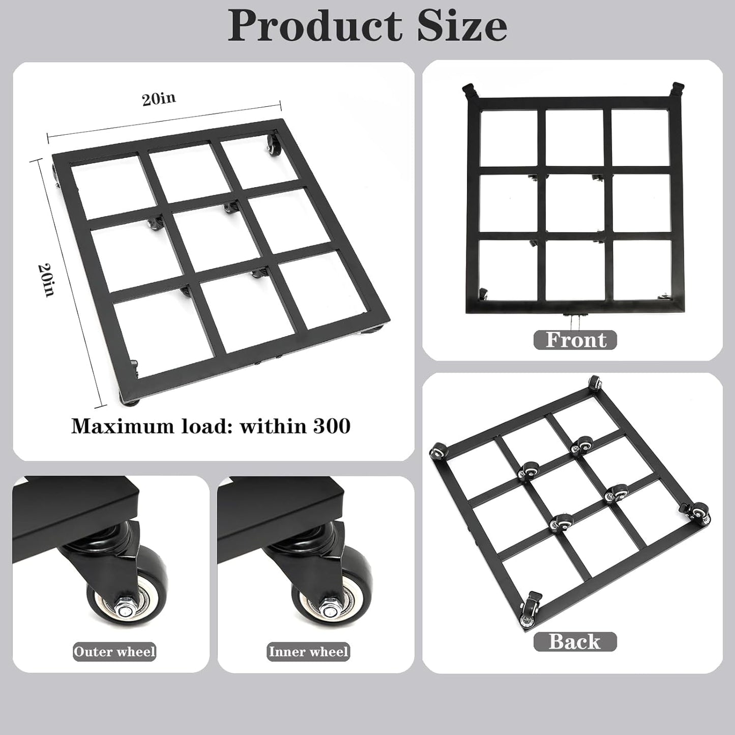 20-Inch Heavy Duty Plant Dolly with Wheels - 360° Swivel Rolling Planter Base for Indoor/Outdoor Use, Supports up to 200lbs, Includes Removable Handle for Effortless Mobility