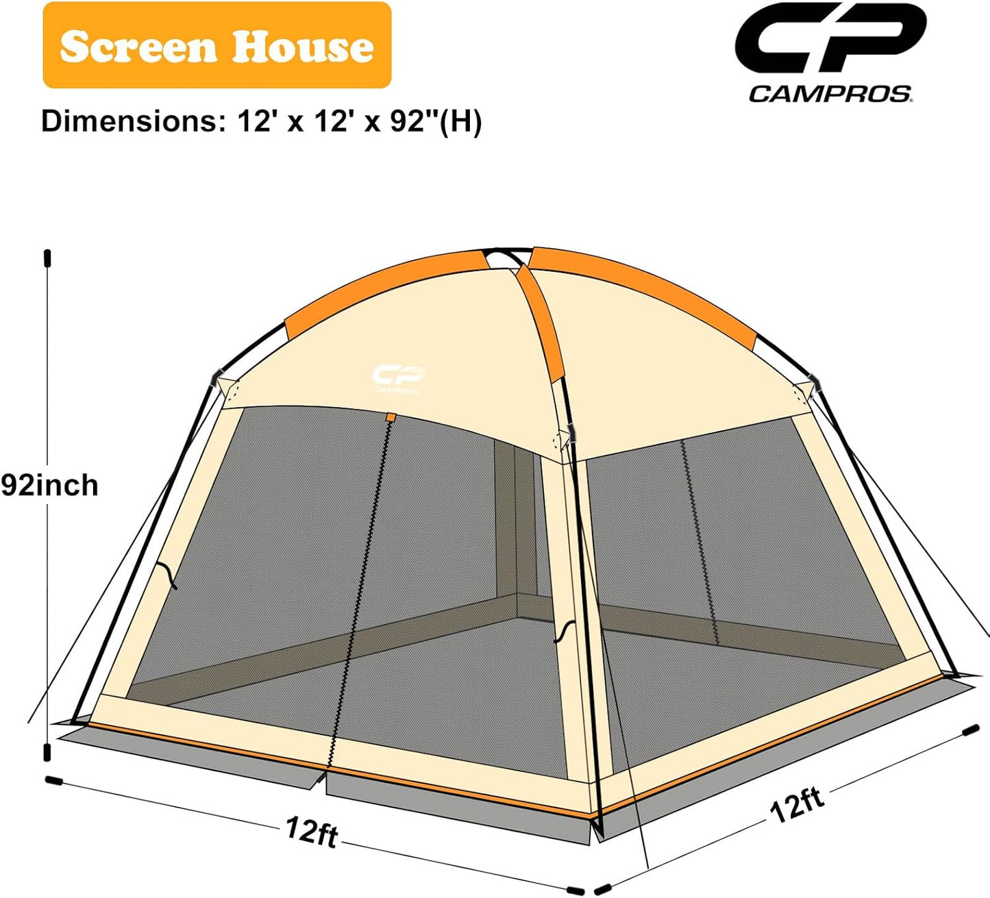 CAMPROS CP Screen House 12 x 12 Ft Screened Mesh Net Wall Canopy Tent Screen Shelter Gazebos for Patios Outdoor Camping Activities - Beige