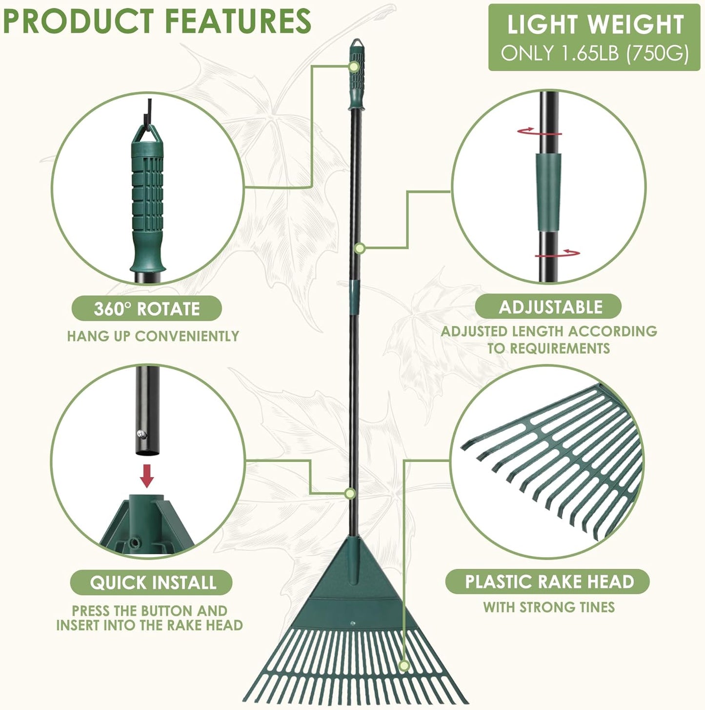 ORIENTOOLS Garden, Adjustable Lightweight Steel Poly Shrub Rake, Plastic Head, 22 Tines, 42 to 60 inches (Black Handle)