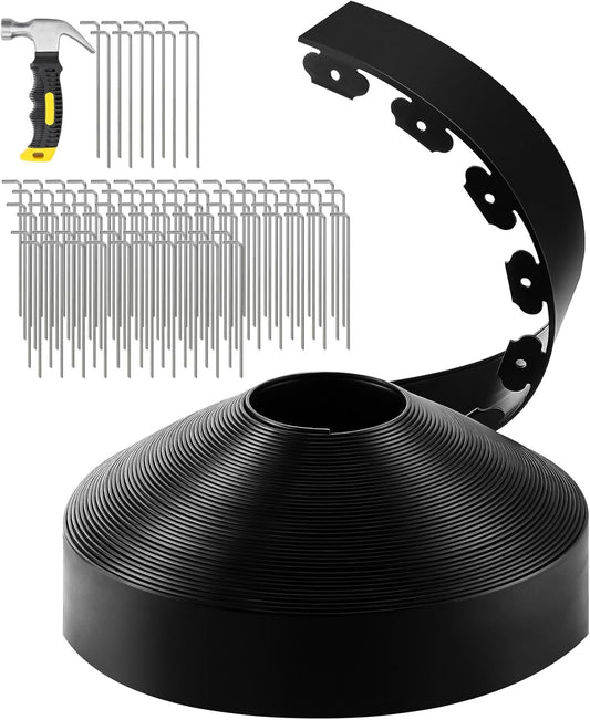 GROWNEER 100FT Landscape Edging Flexible 4 inch Tall Garden Border with 90pcs Galvanized Steel Anchoring Spikes and Hammer Lawn Edging Kit for Flower Bed, Pathway, Landscaping Project, Black