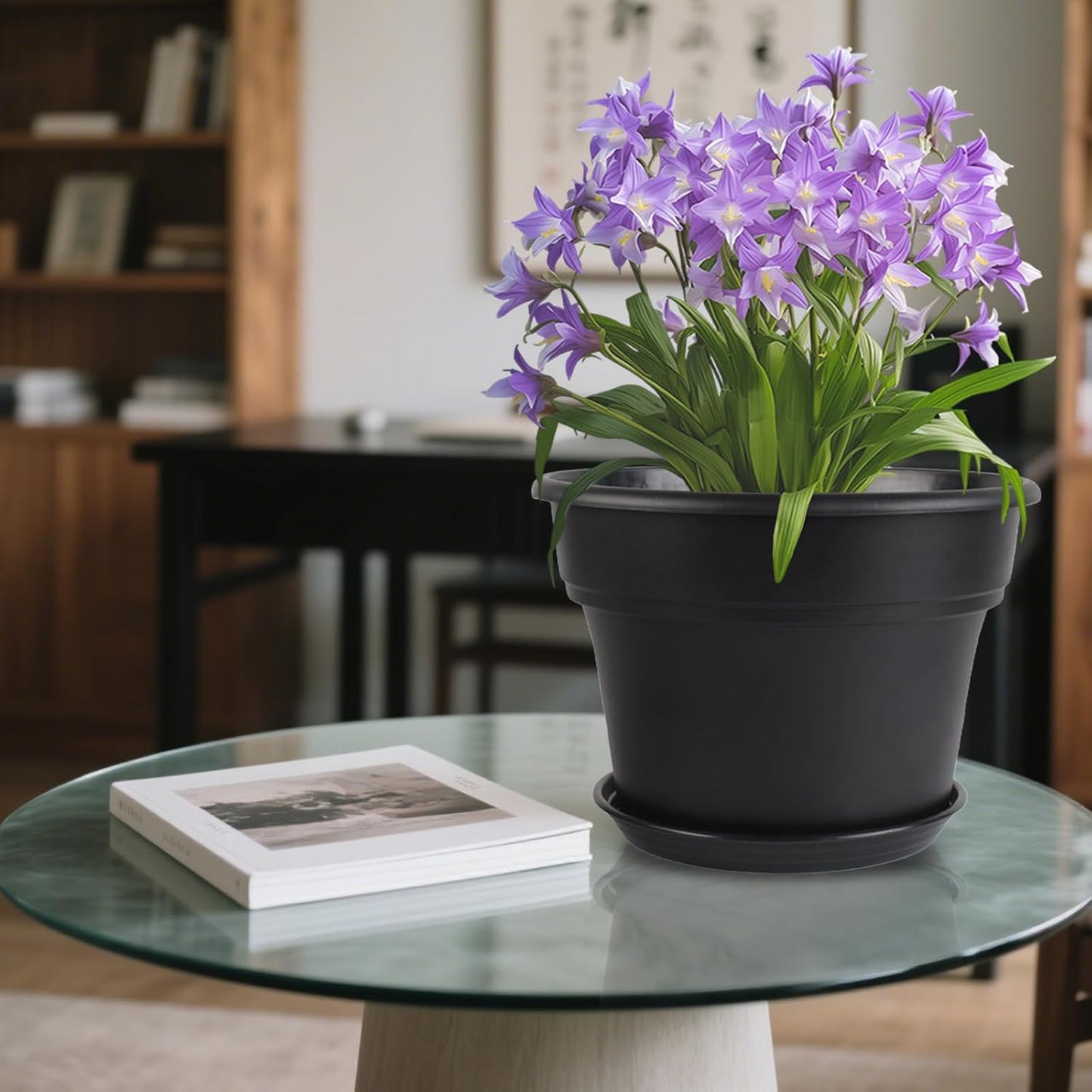 10-inch-Plant-Pots-Indoor-Outdoor, 4 Pack Plastic Planters with Drainage Holes & Saucers, Resin Flower Pots with Trays, Classic Garden Pot Container for House