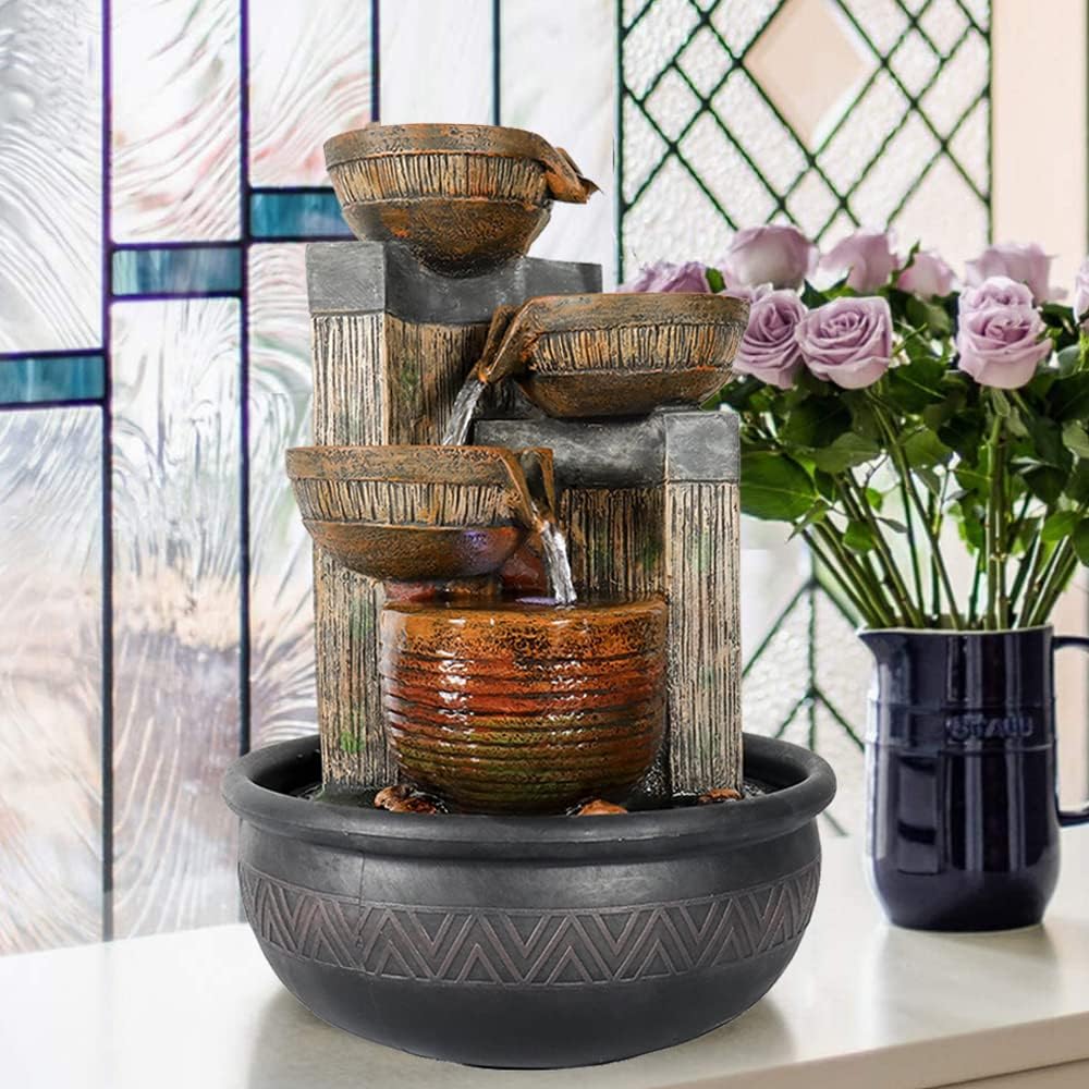 15.7''H 4-Tier Relaxation Indoor Tabletop Waterfall Fountain with LED Lights Desktop Fountains Calming Sound for Home Office Bedroom Decor (Brown, 15.7inch)