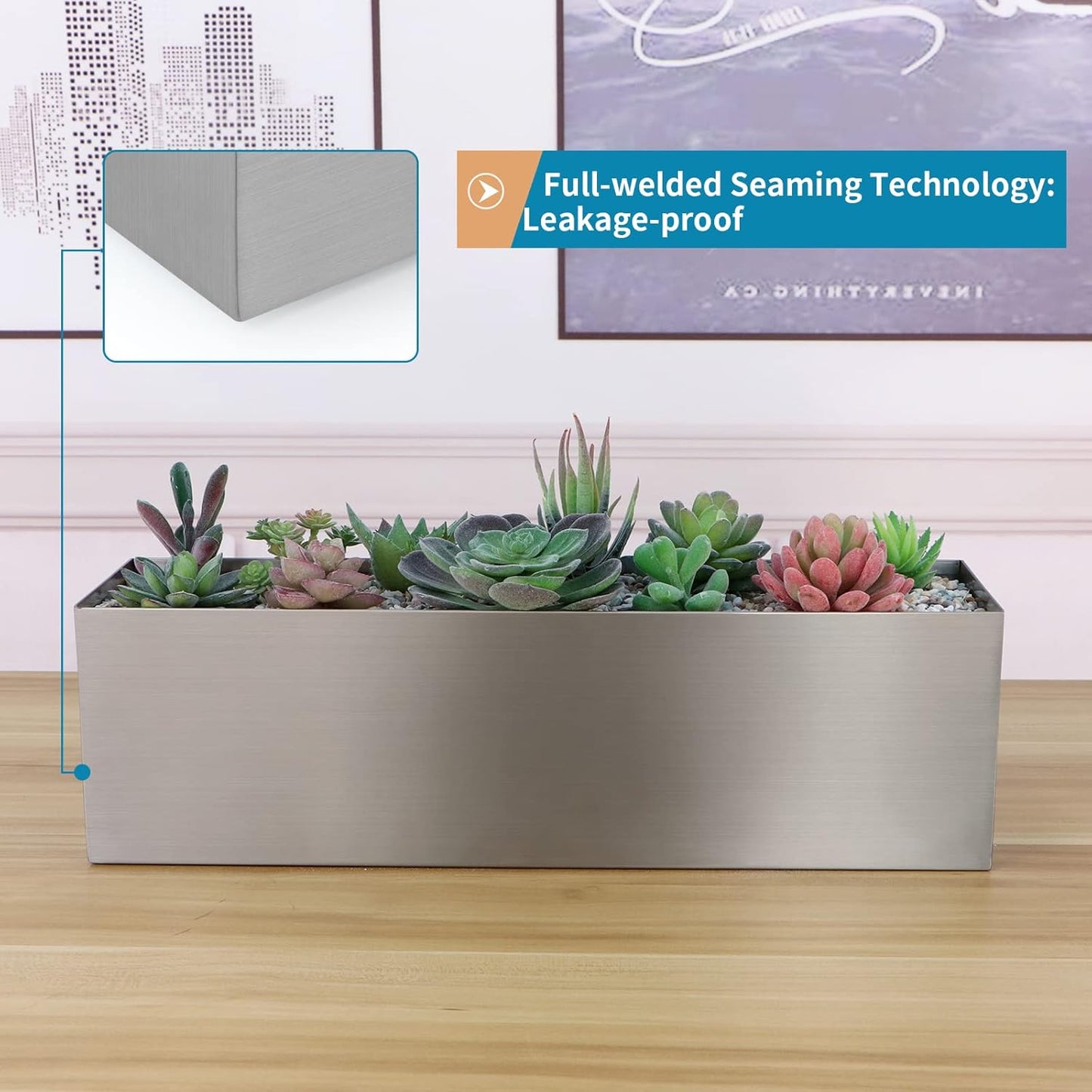 17" Large Stainless Steel Planter Box with Drain Holes and Water Reservoir, Rectangle Succulent Trough Planter Pot for Indoor Outdoor Windowsill, Table Decor (Brushed Nickel)