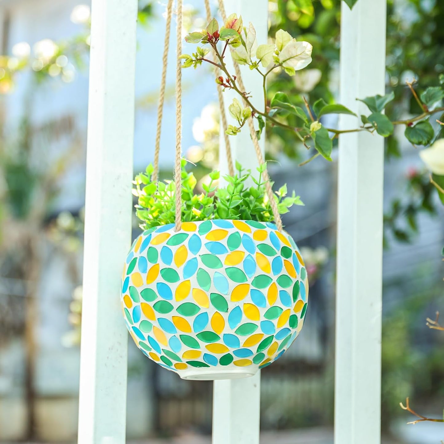 Hanging Planter Mosaic Garden Pot Small Flower Pot for Indoor Plant Disco Ball Hanging Planter with Drainage Green Yellow
