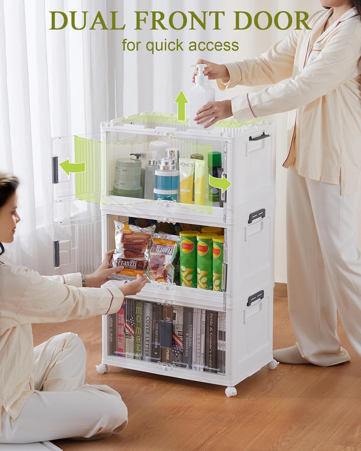 OlarHike 48QT Stackable Storage Bins with Lids - Folding Storage Boxes with Doors and Wheels, Collapsible Plastic Storage Organizer for Closets, Storage and Organization, 6 Pack Cubes