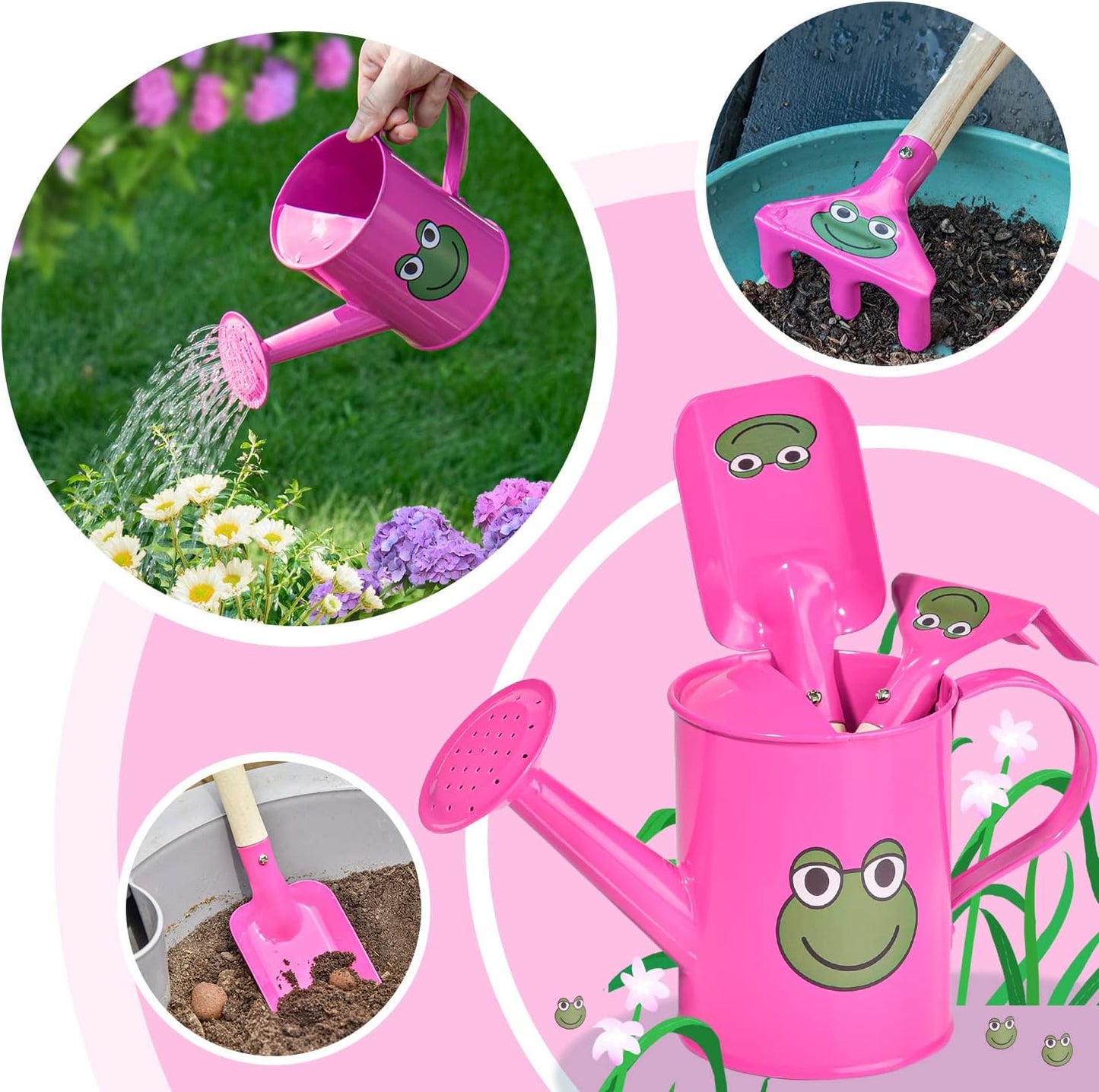 Sungmor Small Watering Can Set Cute Little Gardener Kit | Package Includes 3PC Rose Red Frog Watering Can & Trowel & Rake Gardening Hand Tools | Perfect for Garden,Yard or Beach