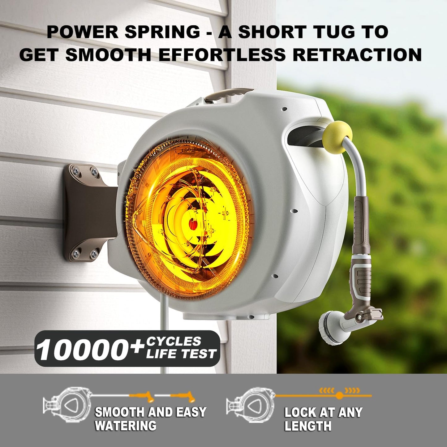 Retractable Garden Hose Reel, 1/2 in 100+6 ft, Heavy Duty Wall Mounted Water Hose Reel, Spring Power Automatic Rewind, Any Length Lock, 180° Swivel Bracket, 10 Pattern Spray Nozzle